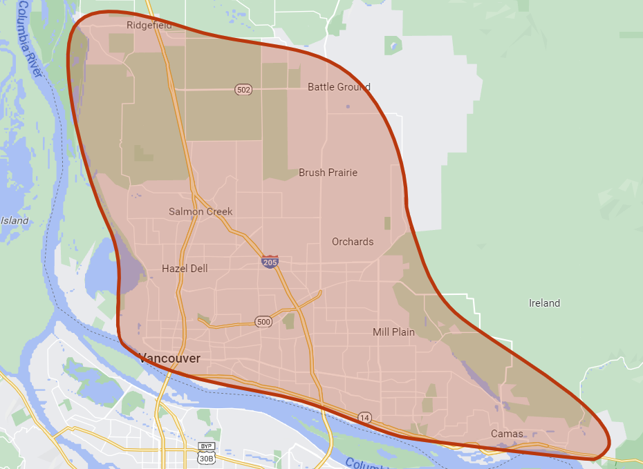 Map area Ridgefield south to Vancouver and east to Battleground and Washougal